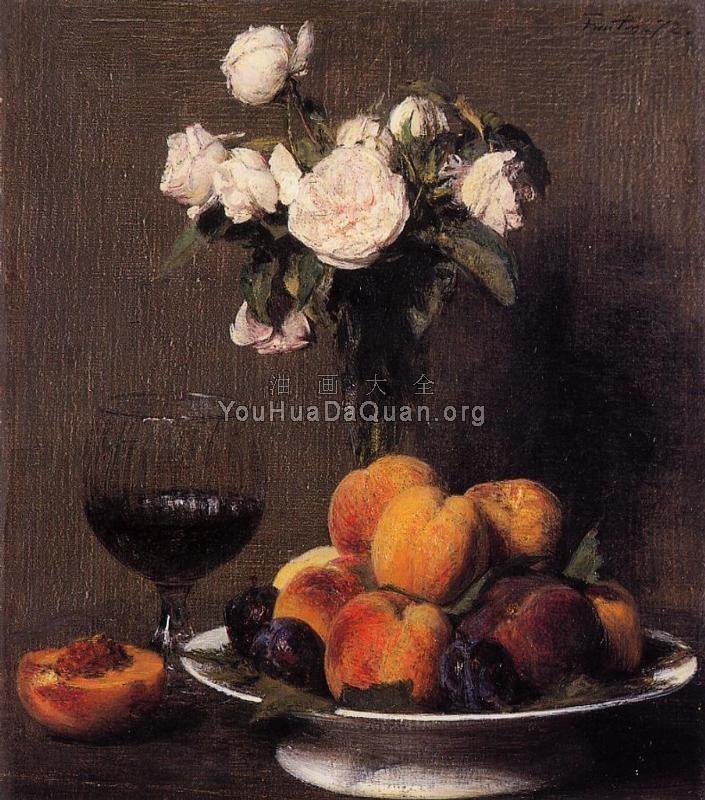 Still Life with Roses, Fruit and a Glass of Wine - 亨利·方丹·拉图尔